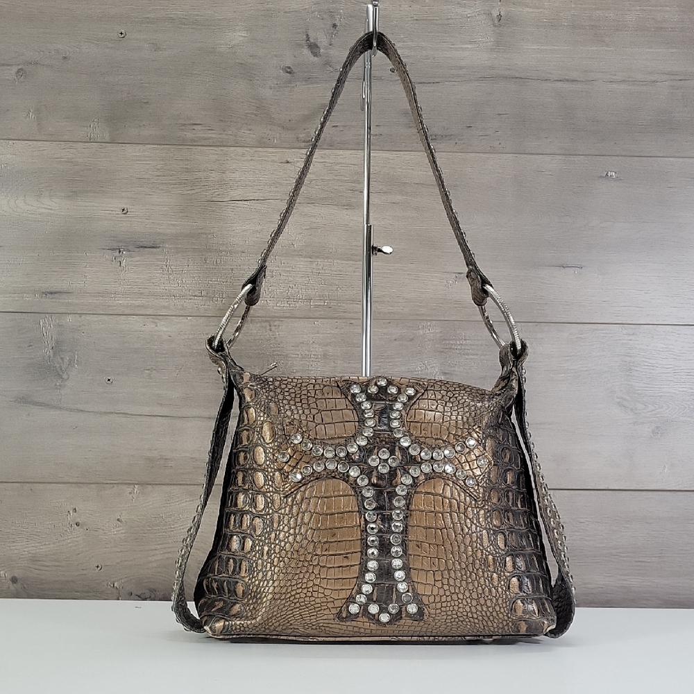 Raviani Studded Brown Croc-Embossed Leather Shoulder Bag